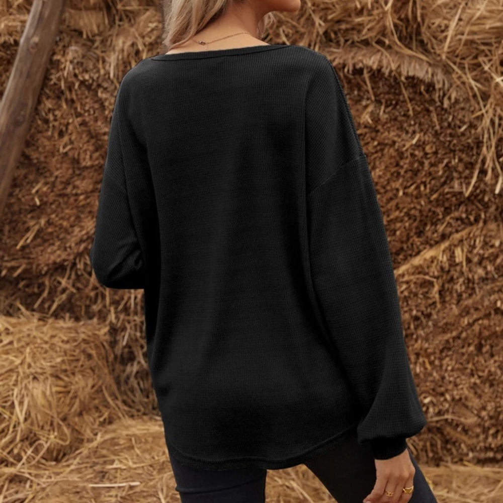 Waffle knit half placket button down henley long sleeve tee shirt boho oversized - Picture 14 of 14